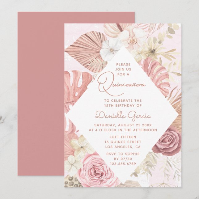 Invitation Aquarelle rose Floral moderne Rustique Quinceañera (Devant / Derrière)