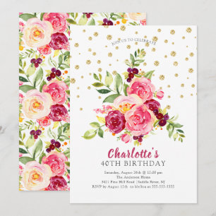 Invitation Aquarelle rose Floral Or Confetti Anniversaire