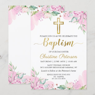 Invitation Aquarelle rose Floral or Script Girl Baptême