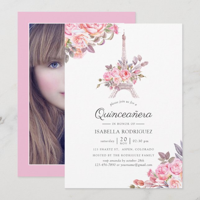 Invitation Aquarelle rose Floral Paris Quinceañera Photo (Devant / Derrière)