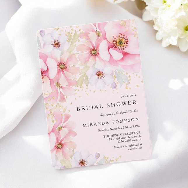 Invitation Aquarelle rose Floral Parties scintillant or Fête  (Pink Watercolor Floral Gold Glitter Bridal Shower Invitation)