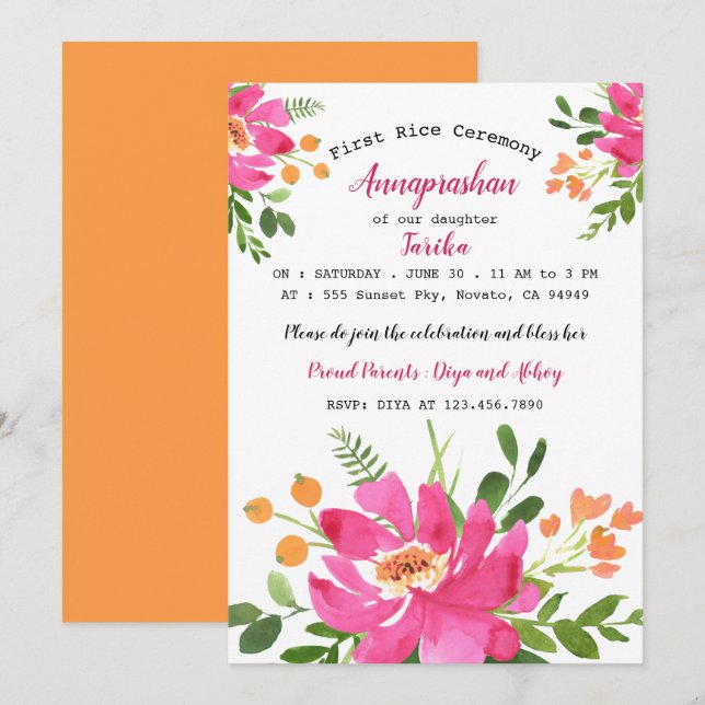 Invitation Aquarelle rose Floral Premier Rice Annaprashan (Devant / Derrière)