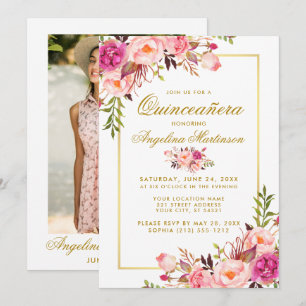 Invitation Aquarelle rose Floral Quinceanera Gold Photo