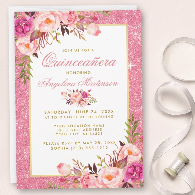 Invitation Aquarelle rose Floral Quinceanera Parties scintill (Customize to change text size, text color or text style.)
