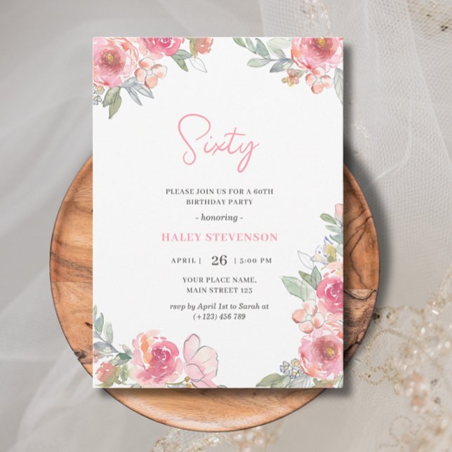 Invitation Aquarelle rose Floral Soixante Boho Chic Anniversa (Créateur téléchargé)