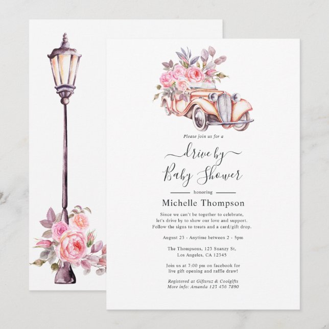 Invitation Aquarelle rose Floral Thème Paris Conduire par Dou (Devant / Derrière)