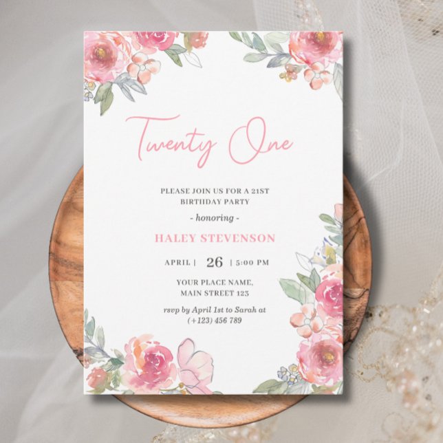 Invitation Aquarelle rose Floral Vingt et un Boho Anniversair (Créateur téléchargé)