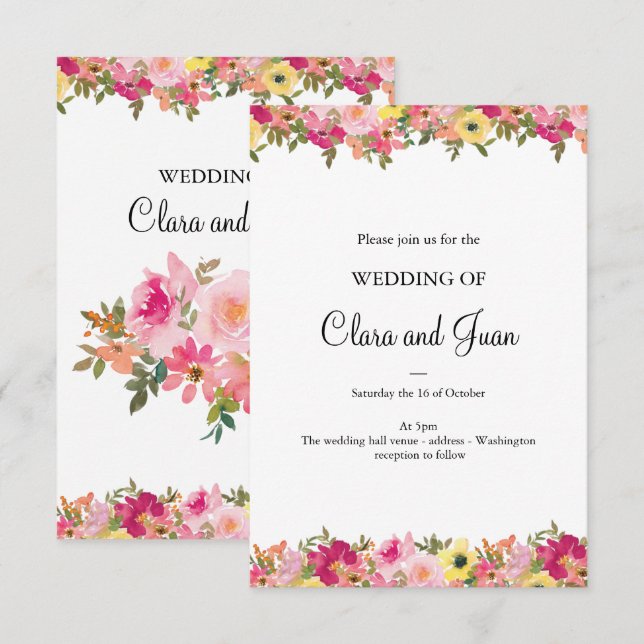 Invitation Aquarelle rose florale (Devant / Derrière)
