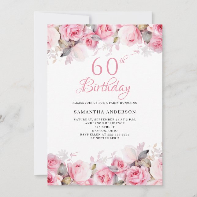 Invitation Aquarelle rose florale 60e anniversaire (Devant)