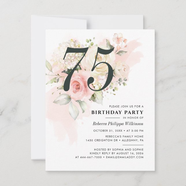 Invitation Aquarelle rose florale 75e fête d'anniversaire (Devant)