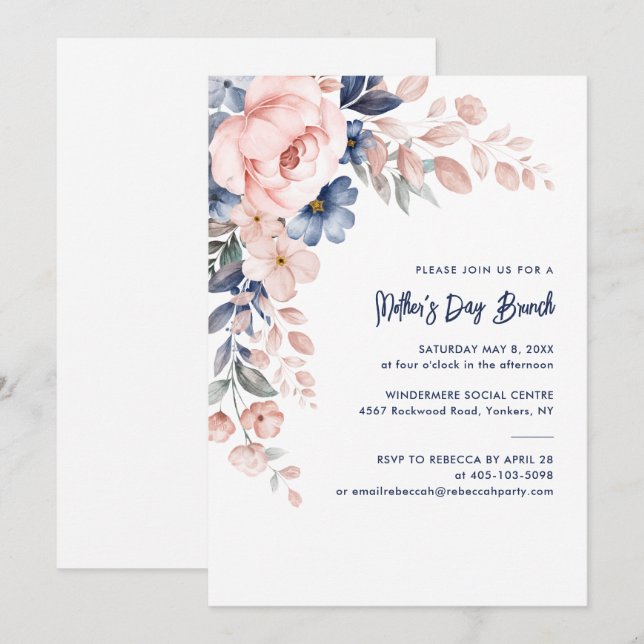 Invitation Aquarelle rose florale Brunch Fête des Mères (Devant / Derrière)