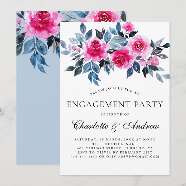 Invitation Aquarelle rose florale Élégante Partie d'engagemen (Devant / Derrière)