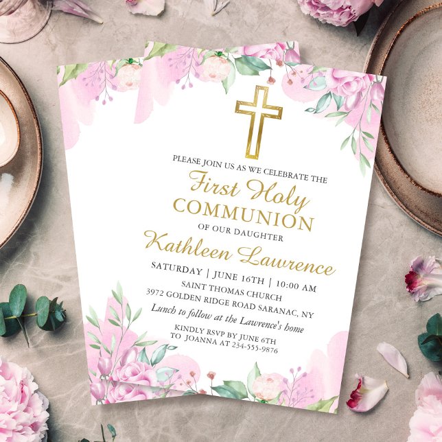Invitation Aquarelle rose florale fille première sainte commu (Créateur téléchargé)