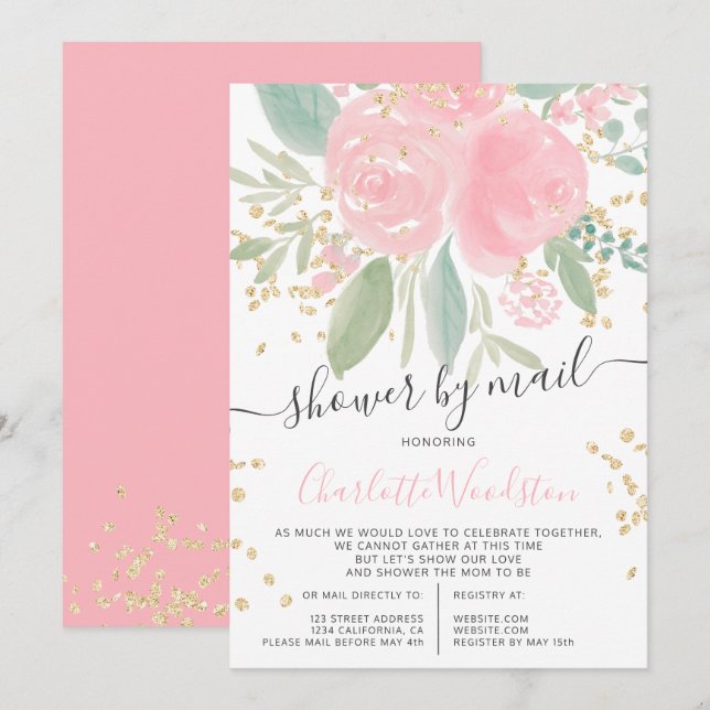 Invitation Aquarelle rose florale or baby shower par mail (Devant / Derrière)