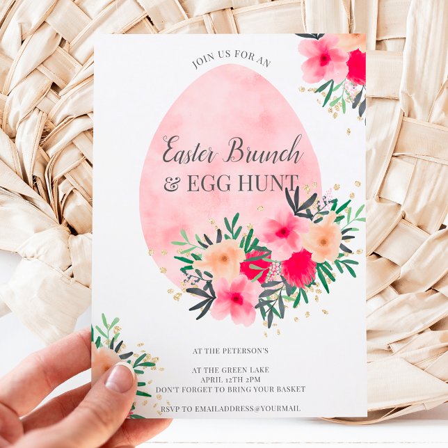 Invitation Aquarelle rose florale or brunch de pâques chasse  (Créateur téléchargé)