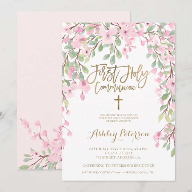 Invitation Aquarelle rose florale or Première communion saint (Devant / Derrière)