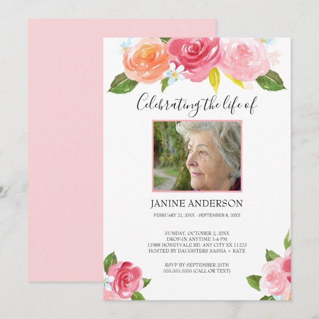Invitation Aquarelle rose florale Photo de célébration de la  (Devant / Derrière)