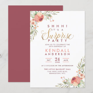 Invitation Aquarelle rose Florale Surprise fête d'anniversair