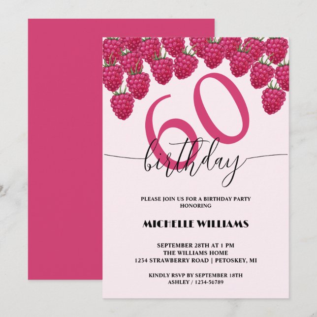 Invitation Aquarelle rose framboise Art Calligraphie Annivers (Devant / Derrière)
