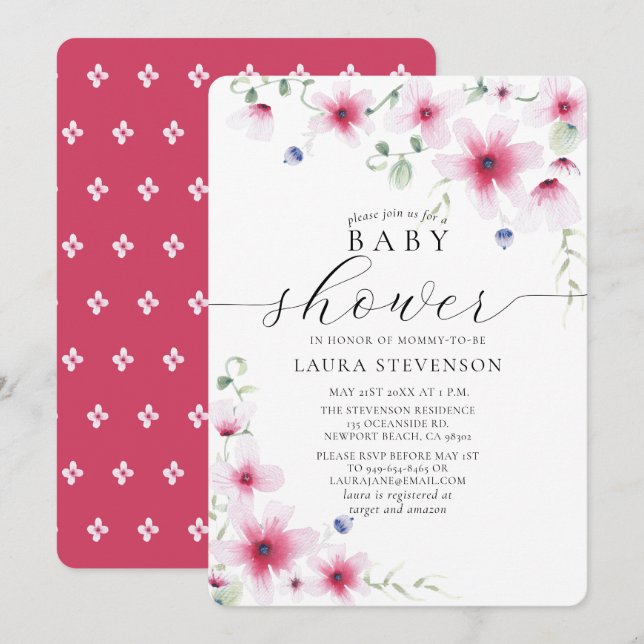 Invitation Aquarelle rose Fuchsia mignonne Fleurs lunaires (Devant / Derrière)