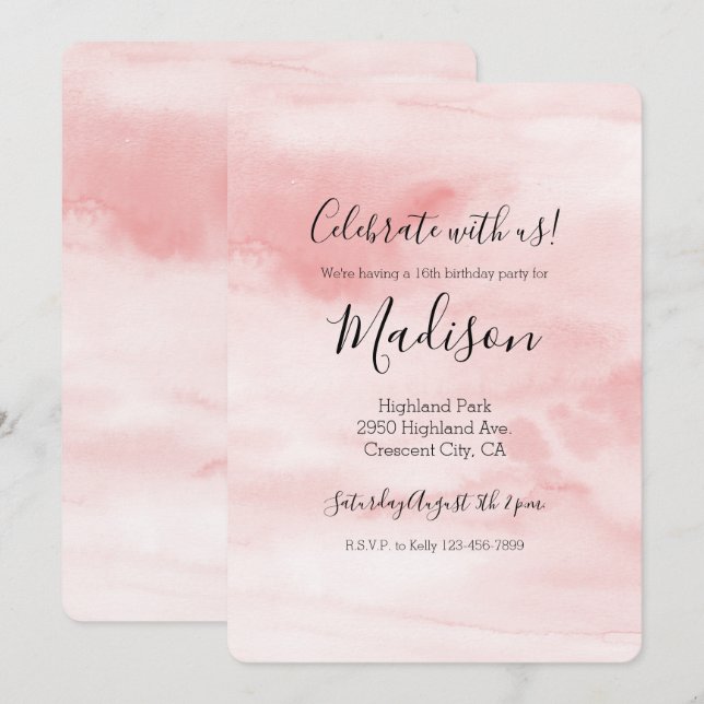 Invitation Aquarelle rose fusée fille personnalisée (Devant / Derrière)