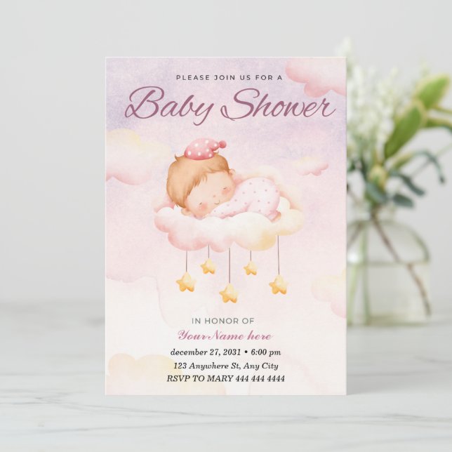 Invitation Aquarelle rose Gradient mignon fille Baby shower (Debout devant)