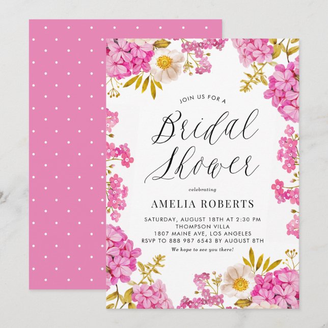 Invitation Aquarelle rose Hydrangea Fête des mariées florale (Devant / Derrière)