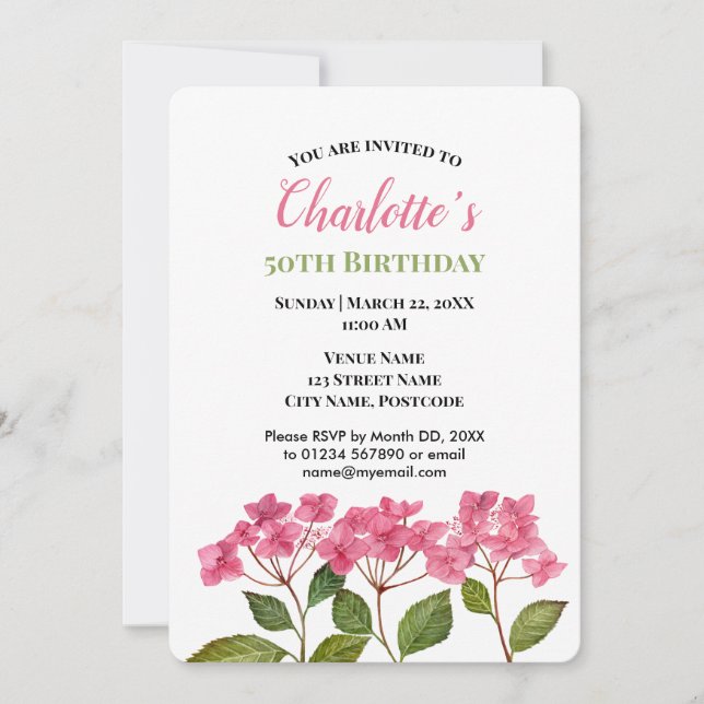 Invitation Aquarelle rose Hydrangée Lacecaps Anniversaire (Devant)