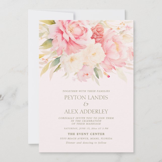 Invitation Aquarelle rose ivoire Mariage de pivoines florales (Devant)