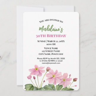 Invitation Aquarelle rose japonais Anémone Anniversaire