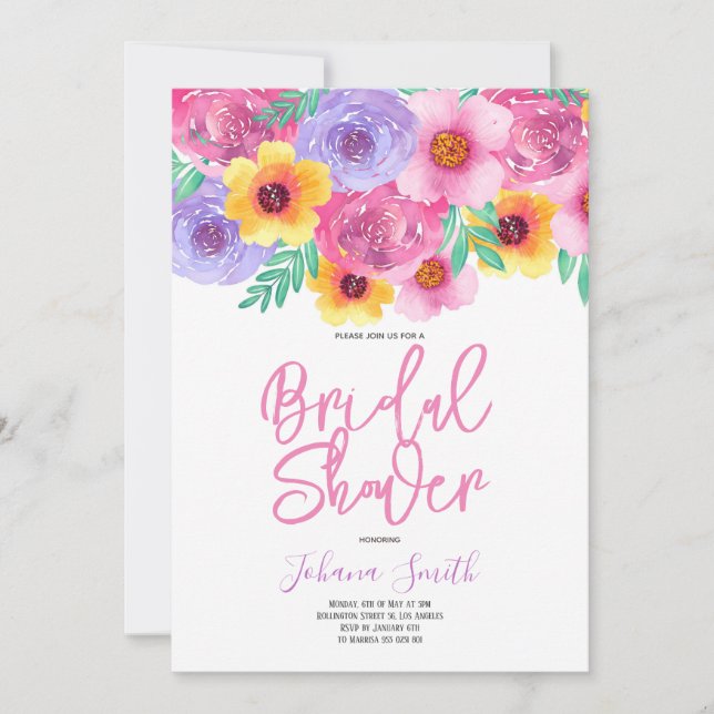Invitation Aquarelle rose jaune Fête des mariées florale (Devant)