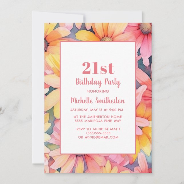 Invitation Aquarelle rose jaune orange florale 21e anniversai (Devant)