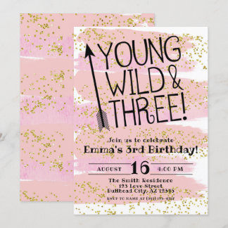 Invitation Aquarelle rose Jeune sauvage et Trois 3e anniversa