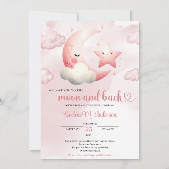 Invitation Aquarelle rose lune et dos fille baby shower (Devant)