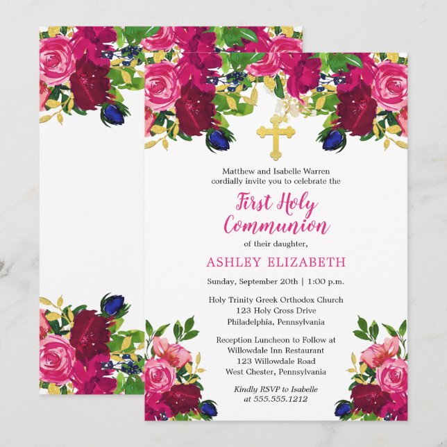 Invitation Aquarelle rose magenta Communion florale (Devant / Derrière)