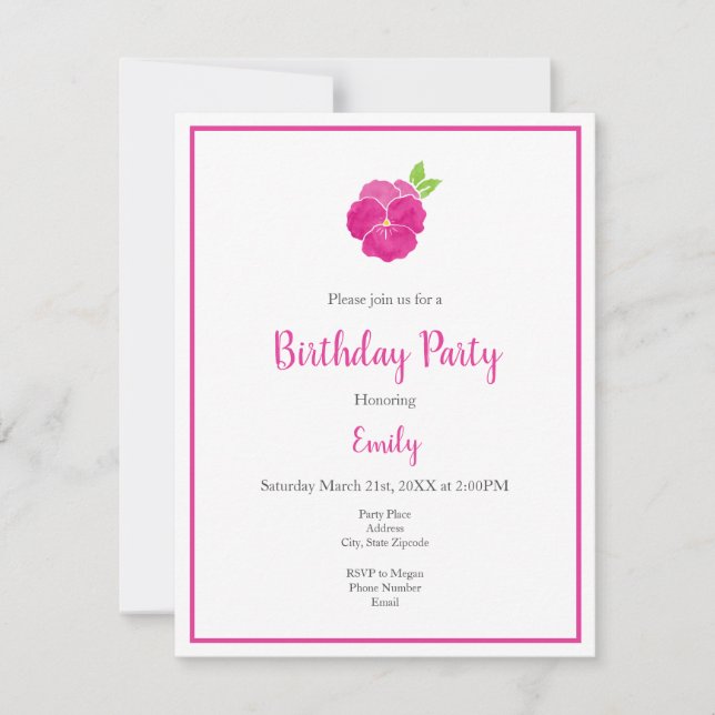 Invitation Aquarelle rose magenta Pansy & Motif (Devant)