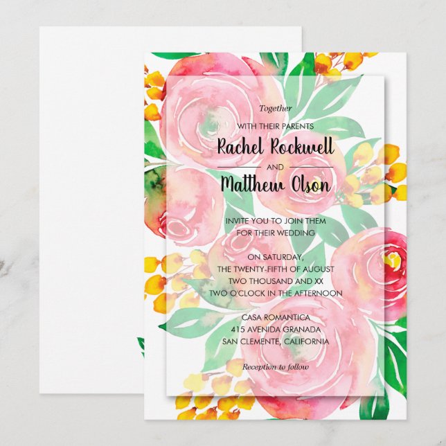 Invitation Aquarelle rose Mariage floral (Devant / Derrière)