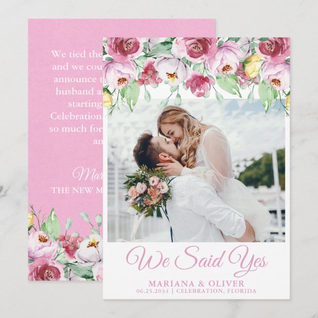 Invitation Aquarelle rose mariage Floral (Devant / Derrière)