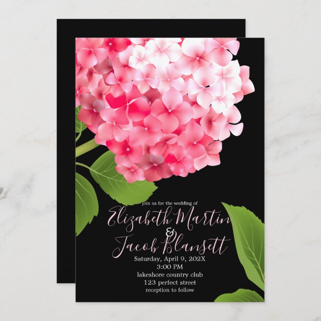 Invitation Aquarelle rose Mariage Hydrangea (Devant / Derrière)