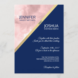 Invitation Aquarelle rose marine bleu & or Mariage à huile