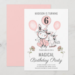 Invitation Aquarelle rose mignonne Unicorn fille 6e anniversa