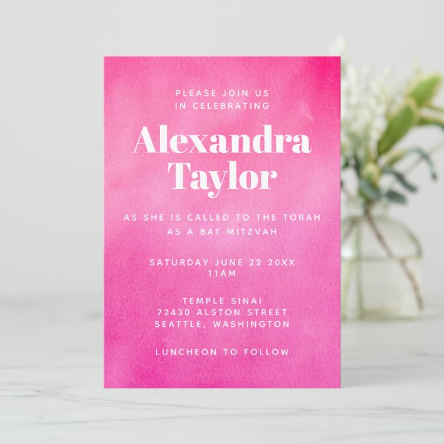 Invitation Aquarelle rose moderne Bat mitzvah chic tendance (Debout devant)