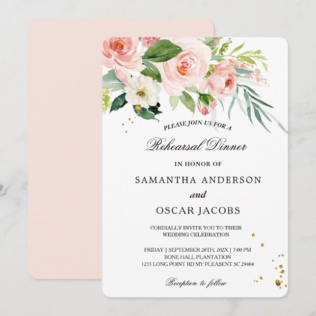 Invitation Aquarelle rose moderne Beauté Fleurs et Feuilles (Devant / Derrière)