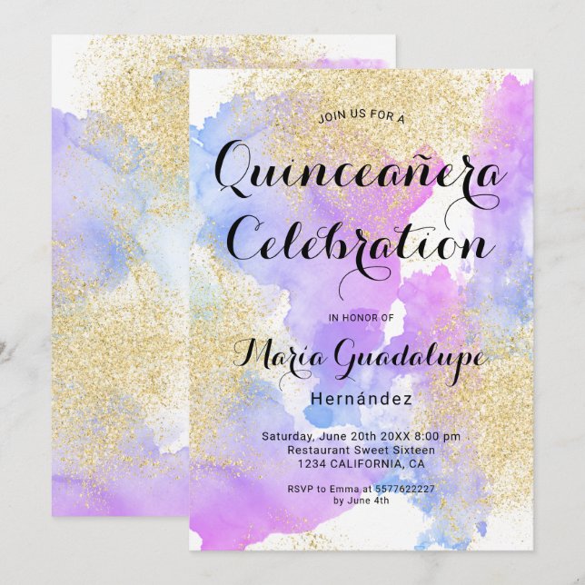 Invitation Aquarelle rose moderne or parties scintillant Quin (Devant / Derrière)