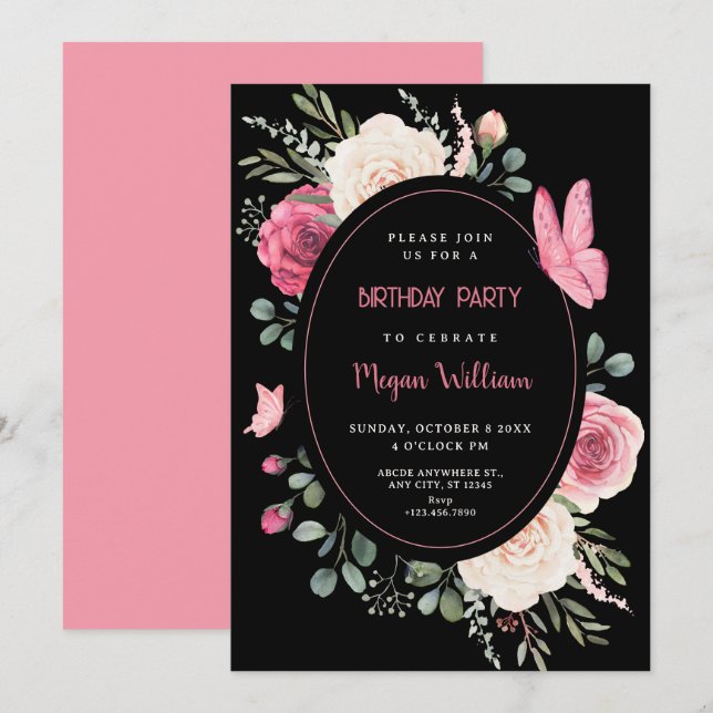 Invitation Aquarelle rose noire Fleurs Roses anniversaire (Devant / Derrière)