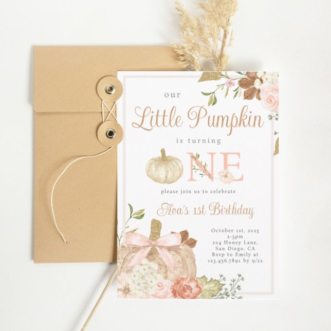 Invitation Aquarelle rose Notre Petit Citrouille Anniversaire (Créateur téléchargé)