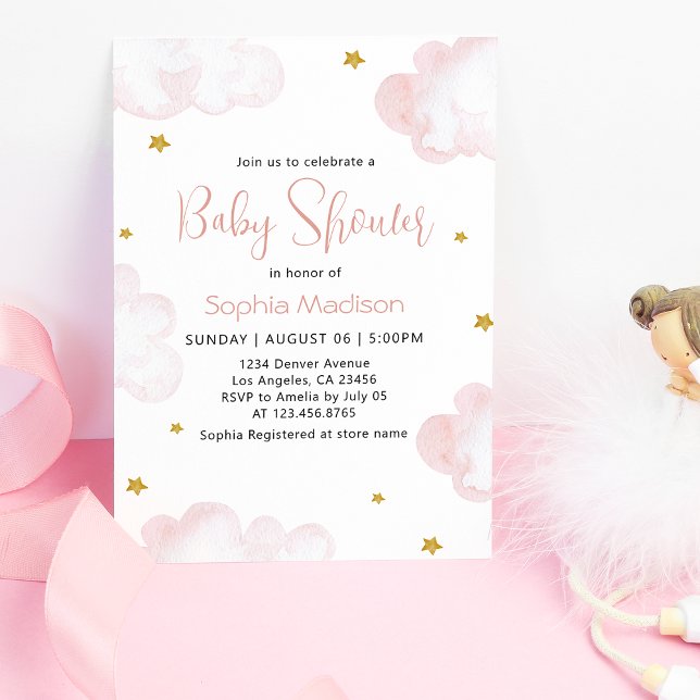 Invitation Aquarelle rose Nuages bébé fille Douche (Créateur téléchargé)