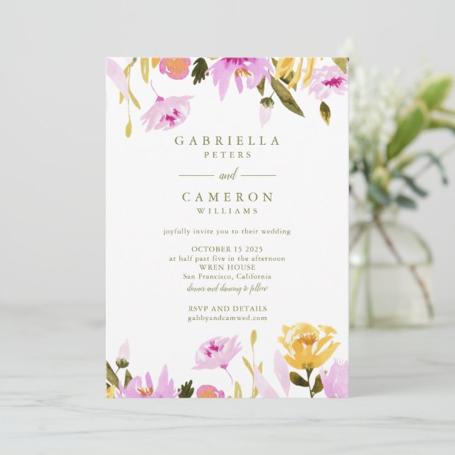 Invitation Aquarelle rose olive moderne Mariage Floral (Debout devant)