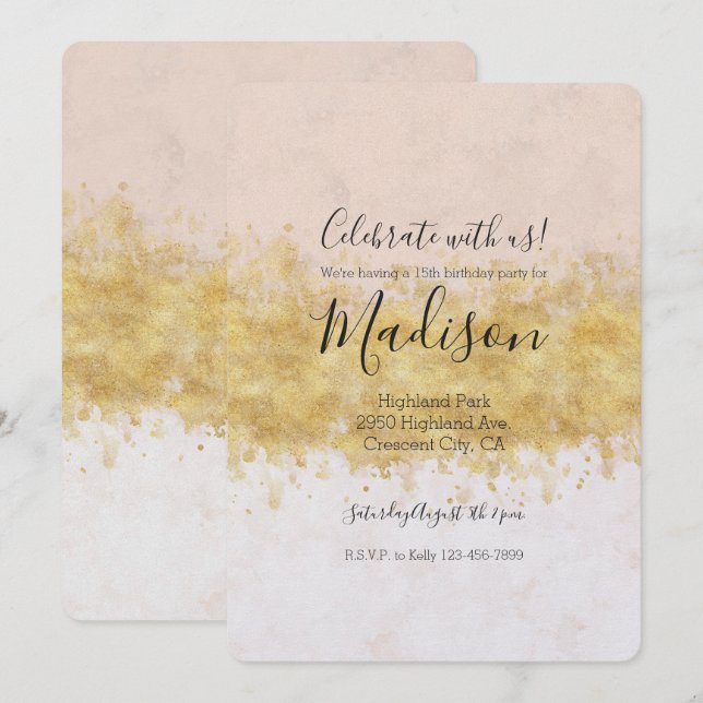 Invitation Aquarelle rose or (Devant / Derrière)