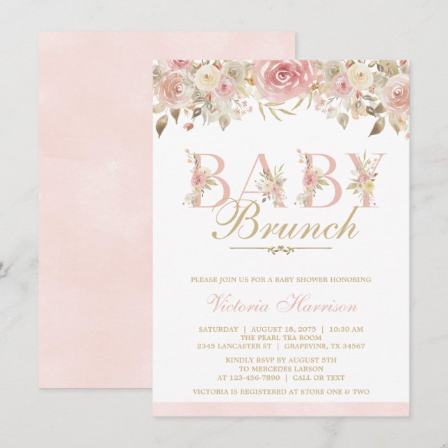 Invitation Aquarelle rose or Baby shower Floral Brunch (Devant / Derrière)